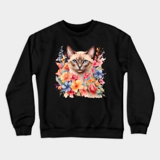 A tonkinese cat decorated with beautiful watercolor flowers Crewneck Sweatshirt